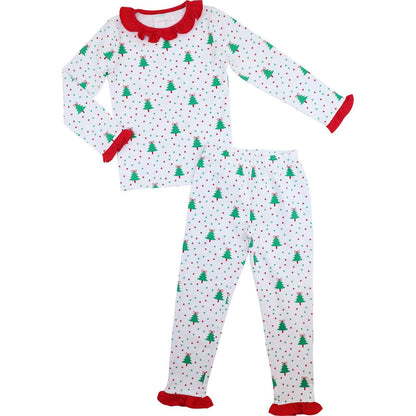 Red And Green Knit Holiday Print Ruffle Pajamas