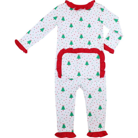 Red And Green Knit Holiday Print Ruffle Zipper Pajamas