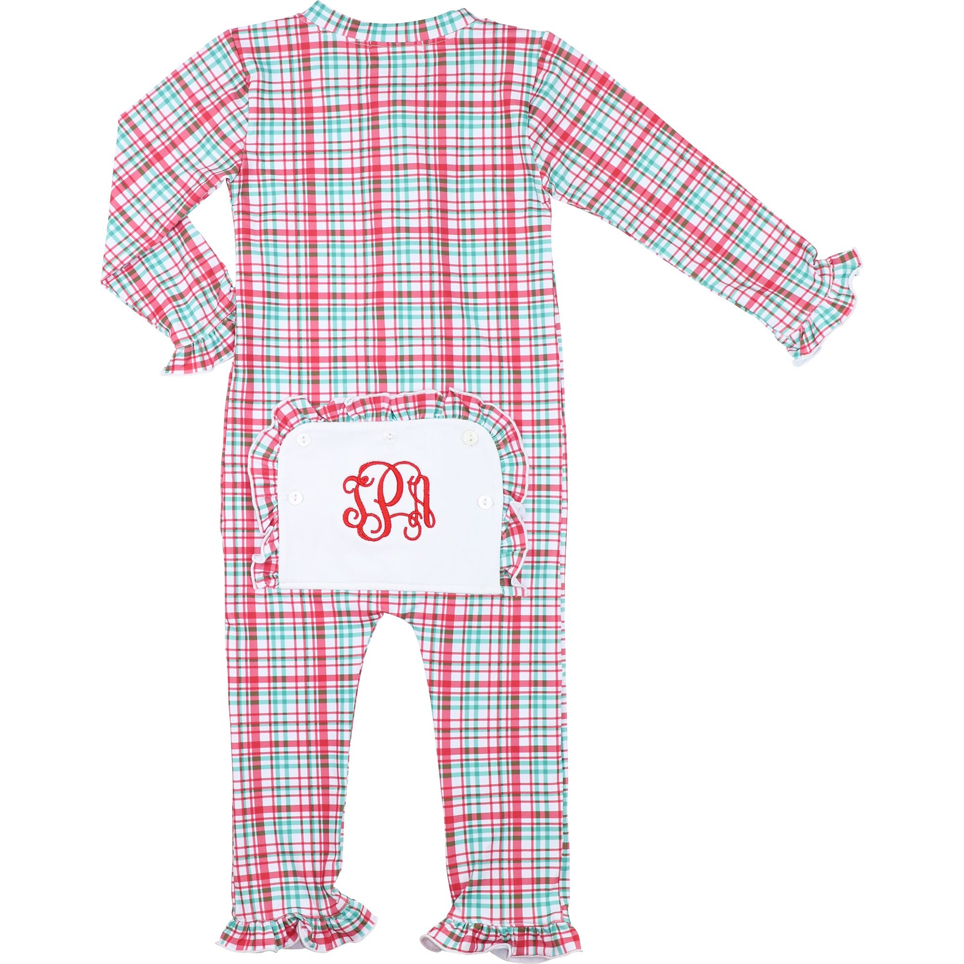 Red And Green Plaid Knit Zipper Ruffle Pajamas- back