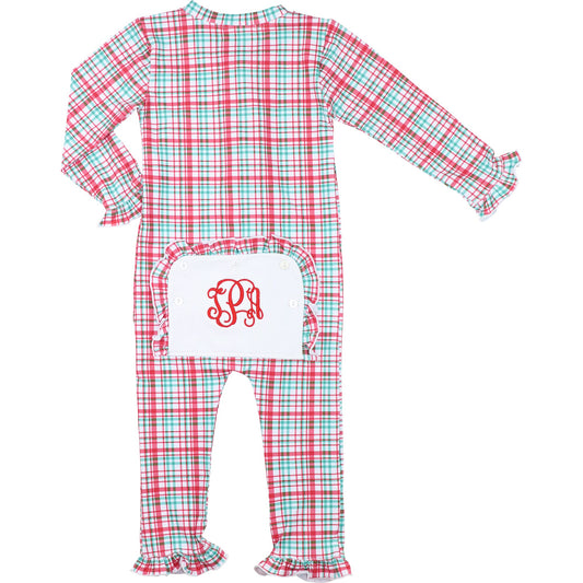 Red And Green Plaid Knit Zipper Ruffle Pajamas- back