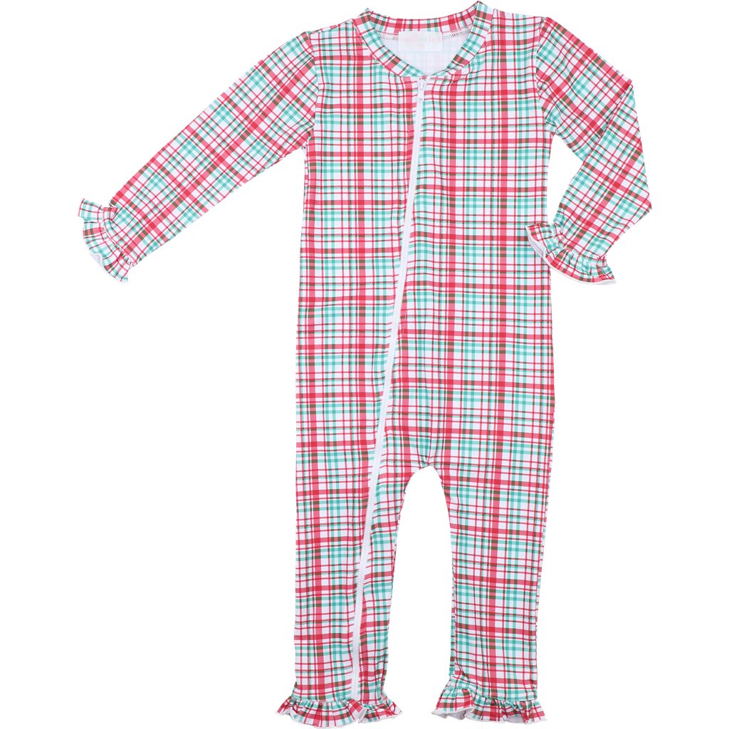 Red And Green Plaid Knit Zipper Ruffle Pajamas