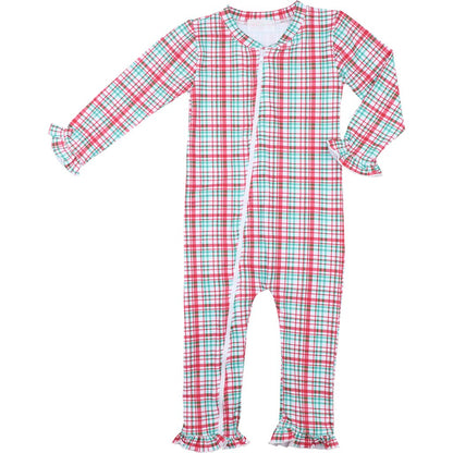 Red And Green Plaid Knit Zipper Ruffle Pajamas
