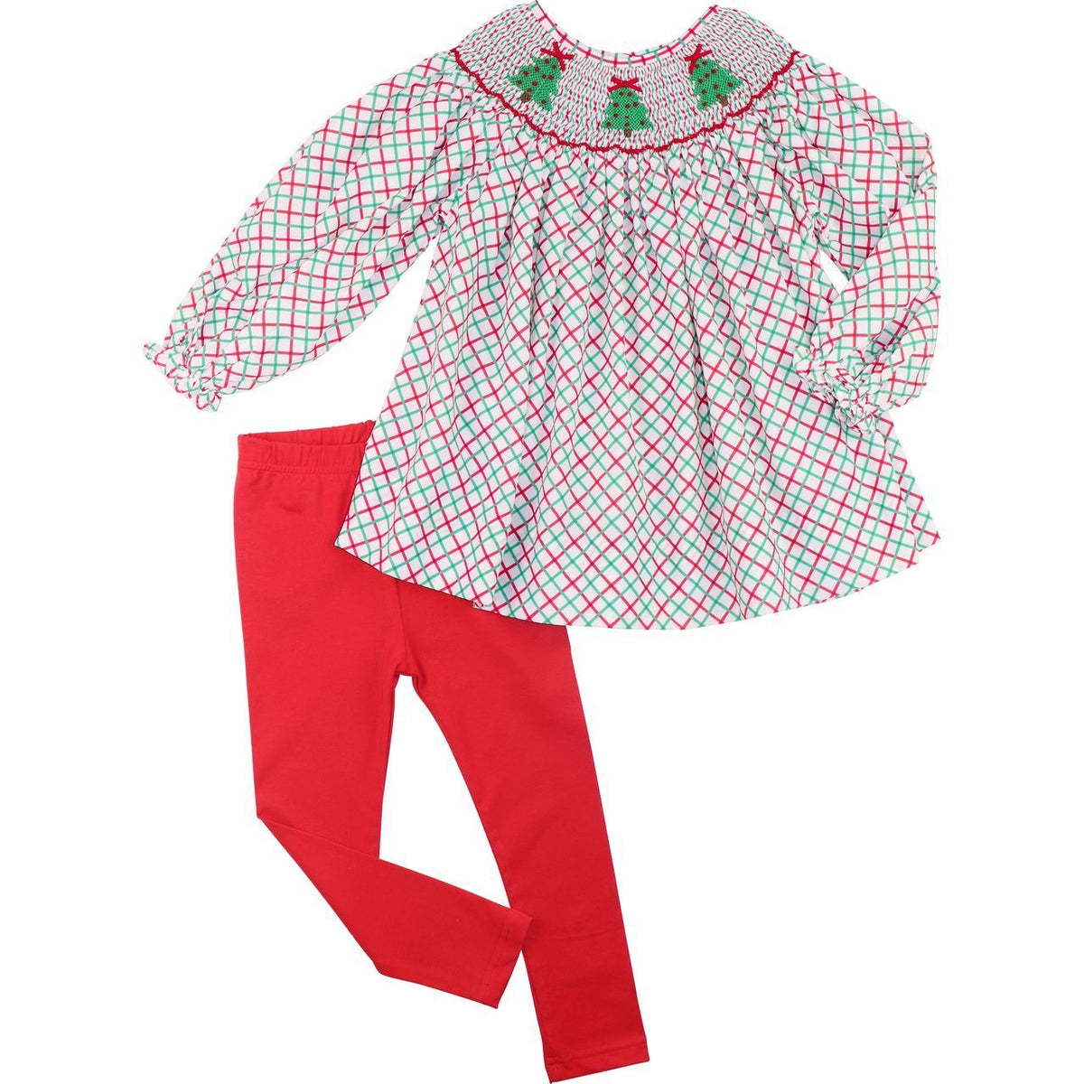 Red And Green Windowpane Smocked Christmas Tree Legging Set