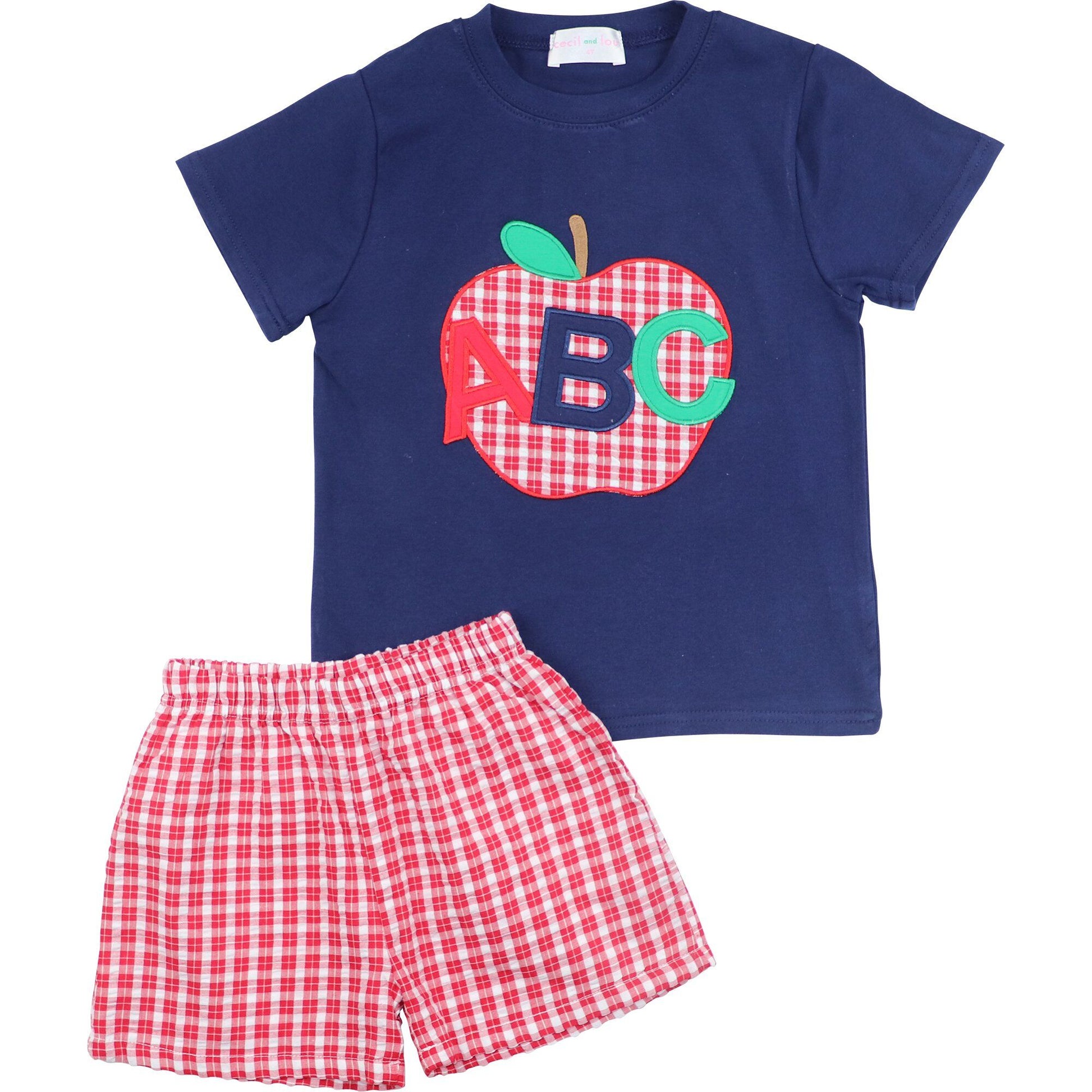 Red And Navy Seersucker Applique Apple ABC Short Set