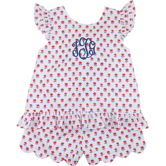 Red And Navy Tulip Print Short Set