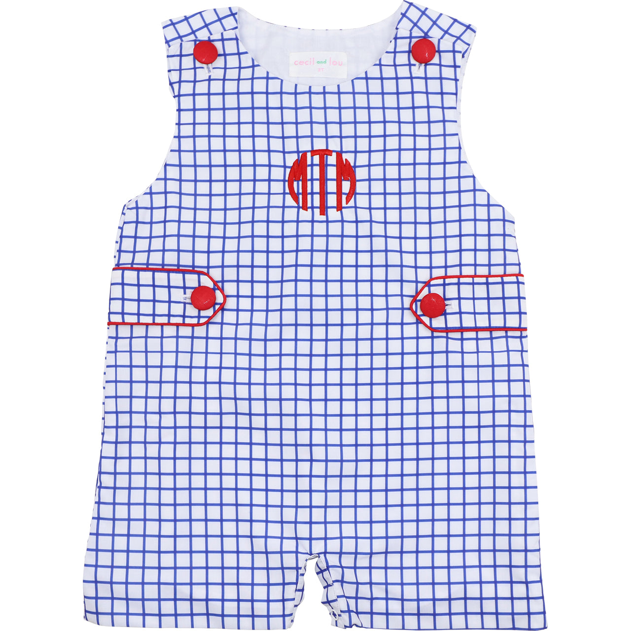 Blue checkered romper with red accents on a white background
