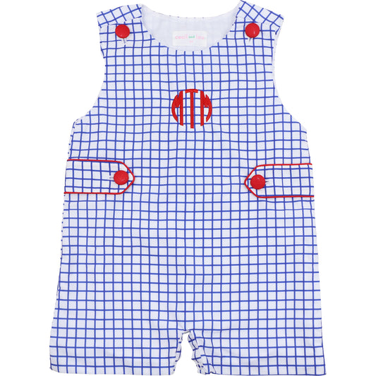 Blue checkered romper with red accents on a white background