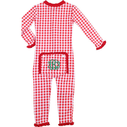 Red And White Check Knit Ruffle Zipper Pajamas