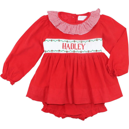 Red Corduroy Custom Smocked Diaper Set