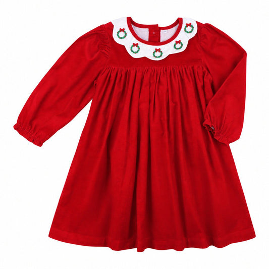 Red Corduroy Embroidered Wreath Dress