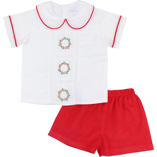 Red Corduroy Embroidered Wreath Heirloom Short Set