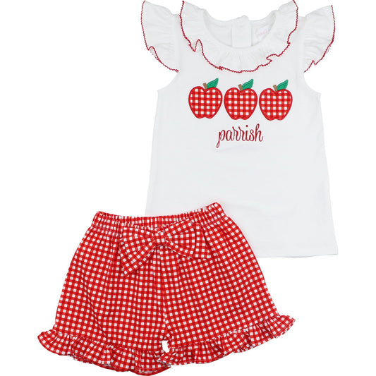 Red Gingham Applique Apples Knit Short Set