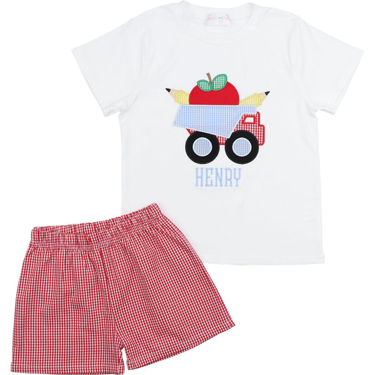 Red Gingham Applique Back To School Truck Short Set