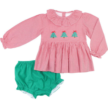 Red Gingham Embroidered Christmas Tree Diaper Set