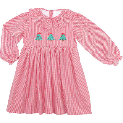 Red Gingham Embroidered Christmas Tree Dress
