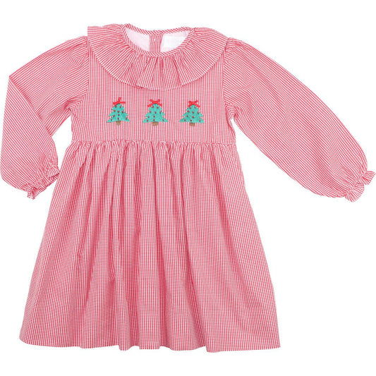 Red Gingham Embroidered Christmas Tree Dress
