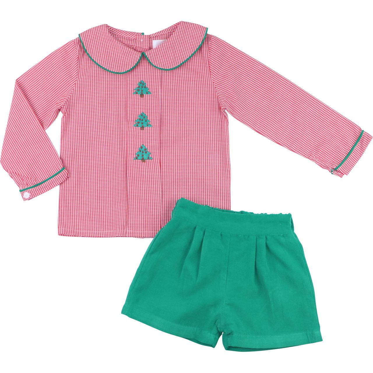 Red Gingham Embroidered Christmas Tree Short Set