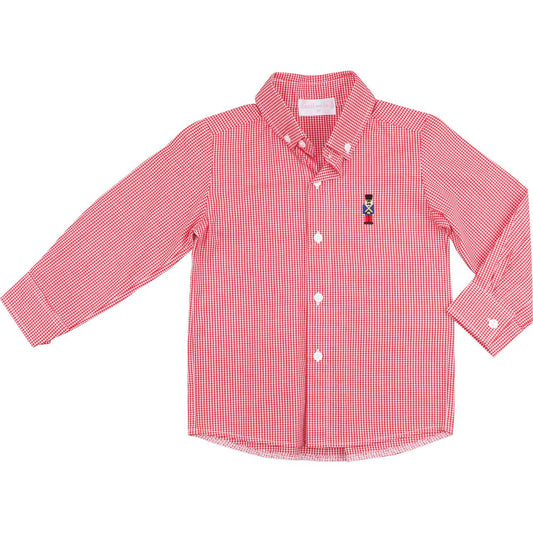 Red Gingham Embroidered Nutcracker Button Down Shirt