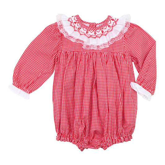 Red checkered baby romper with white ruffled collar on a white background