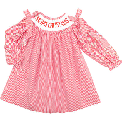 Red Gingham dress with smocked "Merry Christmas" on a white background