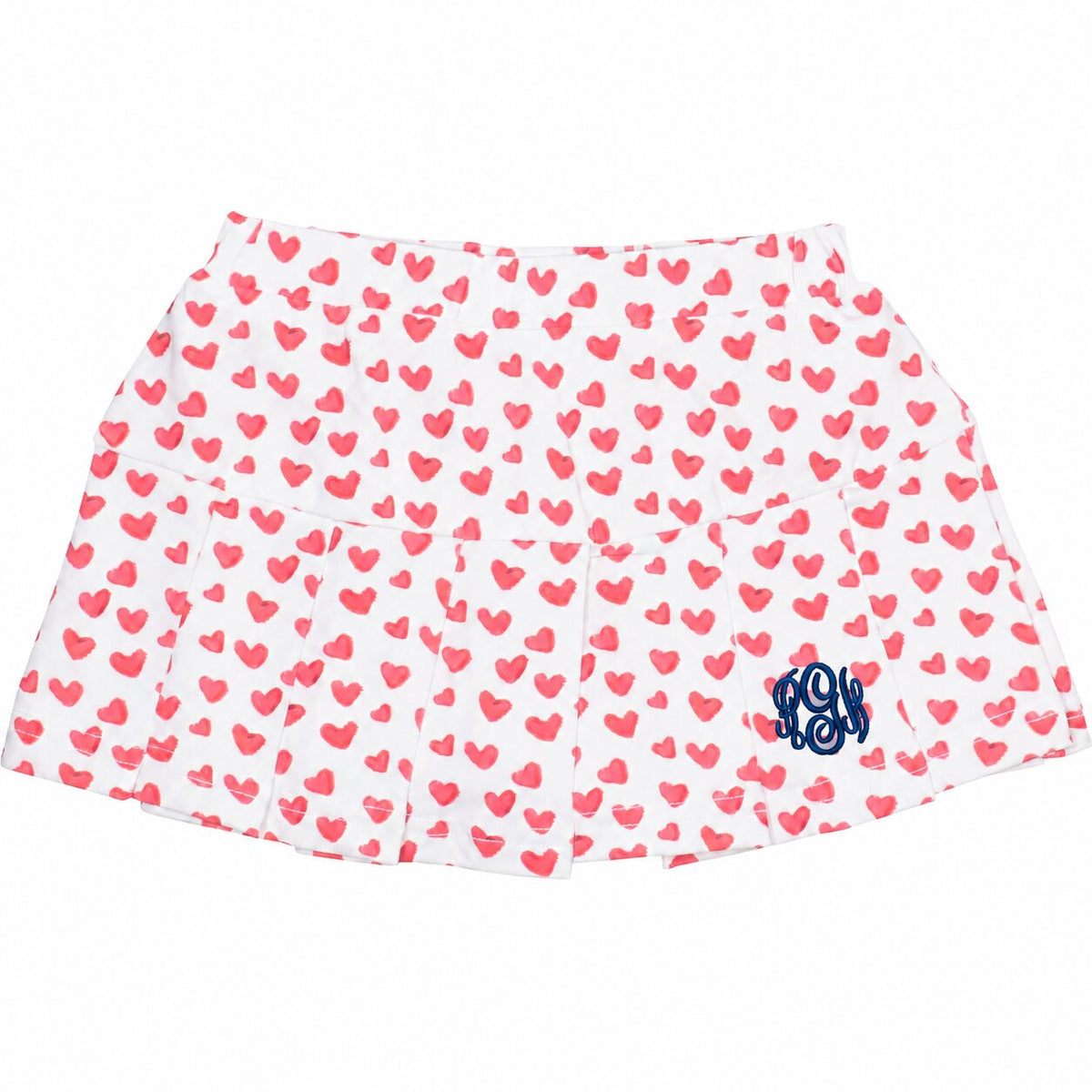 Red Heart Print Knit Tennis Skirt with navy monogram