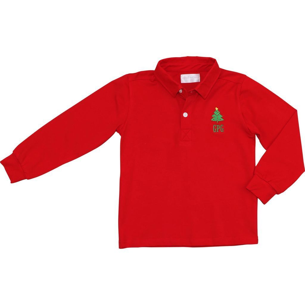 Red Knit Embroidered Christmas Tree Polo Shirt