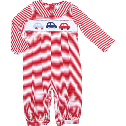 Red Knit Smocked Cars Long Romper