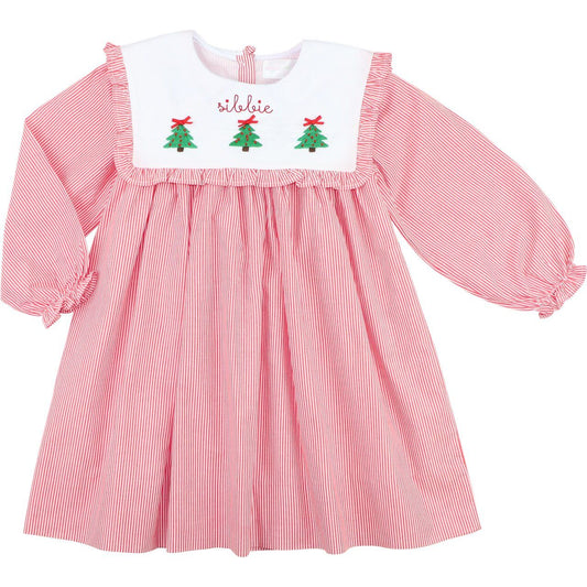 Red Mini Stripe Embroidered Christmas Tree Dress