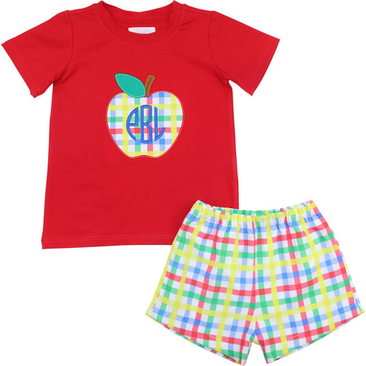 Red Plaid Applique Apple Short Set