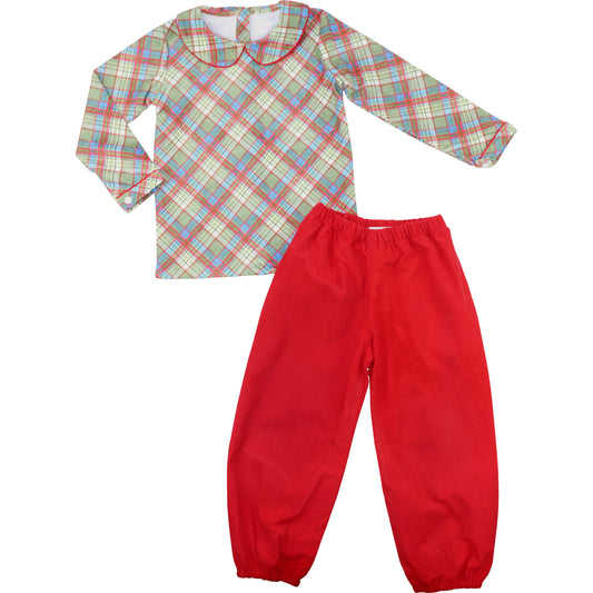 Red Plaid Corduroy Ankle Pant Set