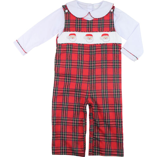 Red Plaid Flannel Smocked Santa Long Romper Set
