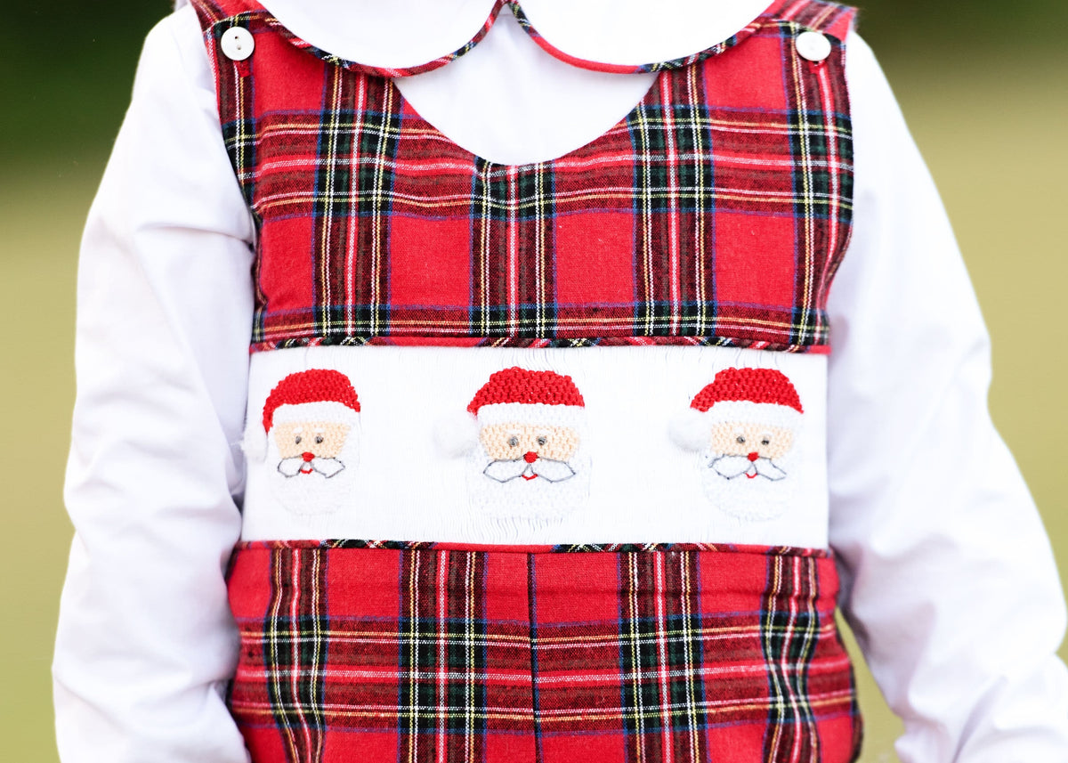 Red Plaid Flannel Smocked Santa Long Romper Set close up 