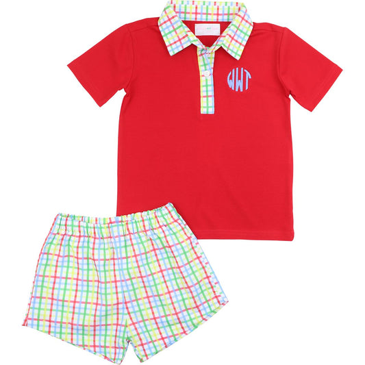 Red Plaid Polo Short Set