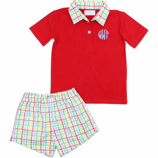 Red Plaid Polo Short Set1