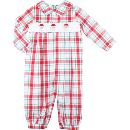 Red Plaid Smocked Santa Long Romper