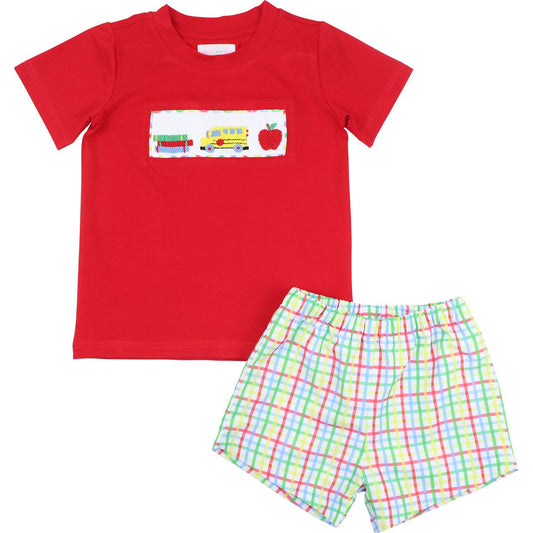 Red Smocked Back To School Short Set