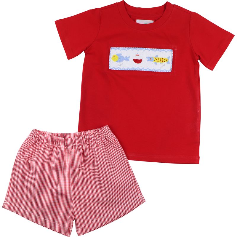 Red Smocked Fishing Lure Short Set