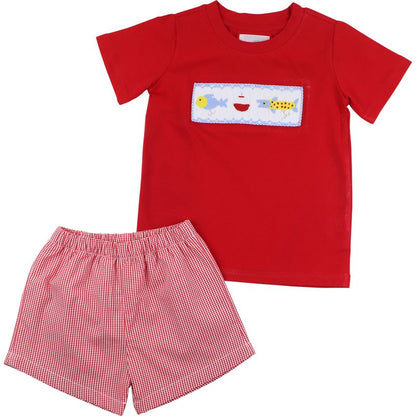 Red Smocked Fishing Lure Short Set