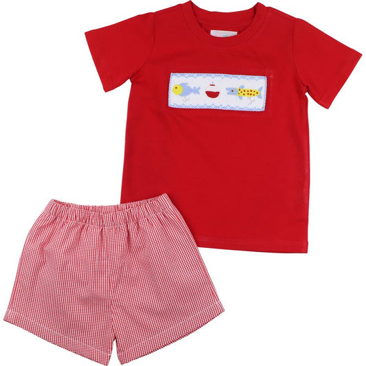 Red Smocked Fishing Lure Short Set