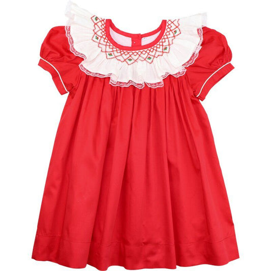 Red Smocked Lace Collar Dress