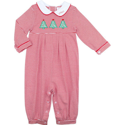 Red Stripe Knit Applique Christmas Tree Long Romper