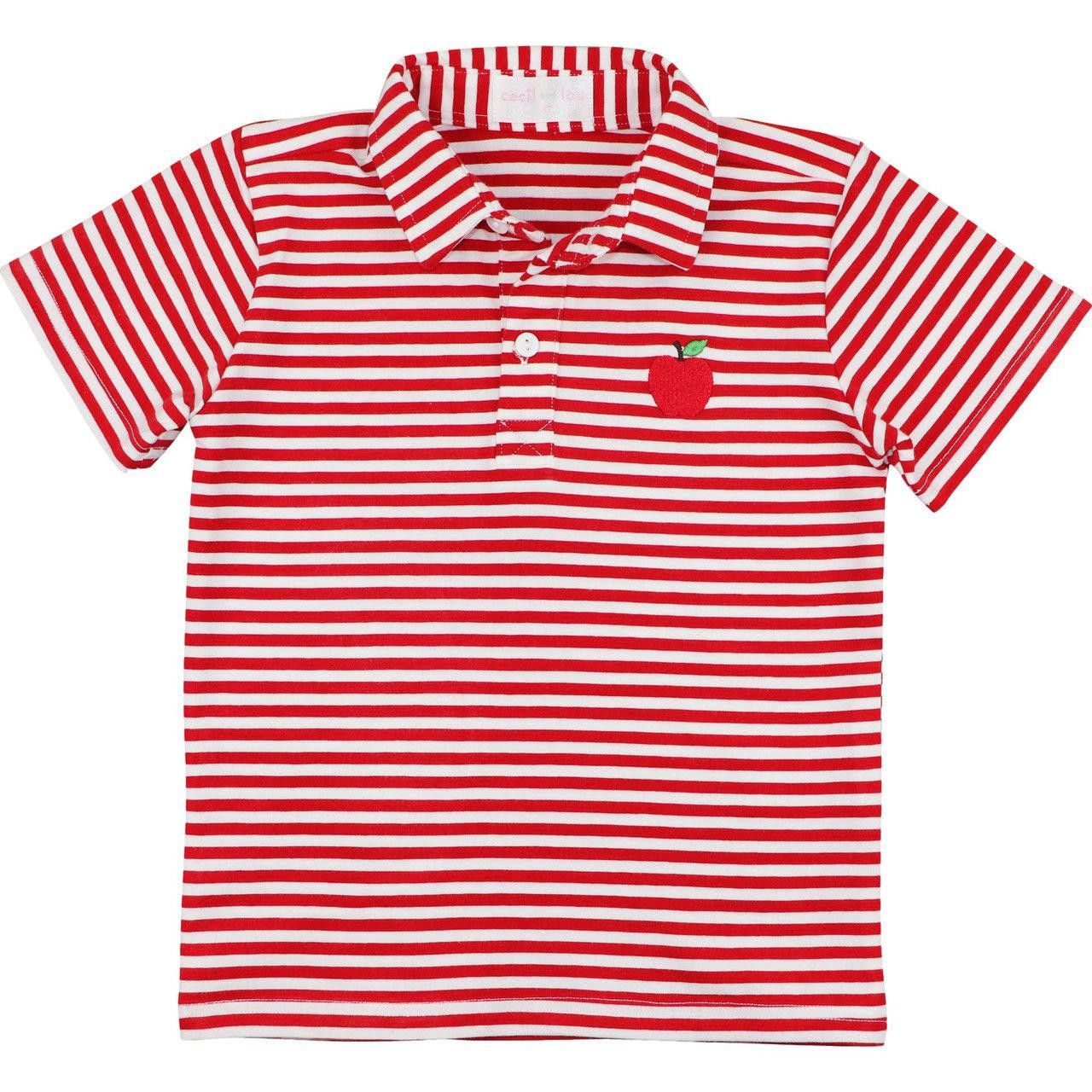 Red Stripe Knit Embroidered Apple Polo Shirt