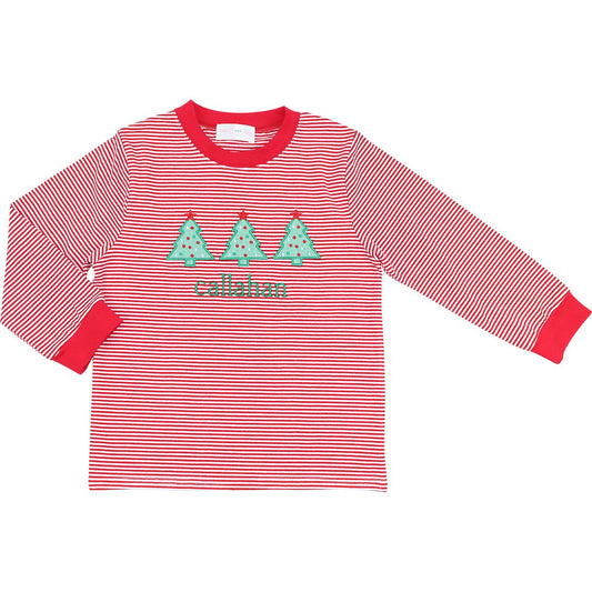 Red Striped Knit Applique Christmas Trees Shirt