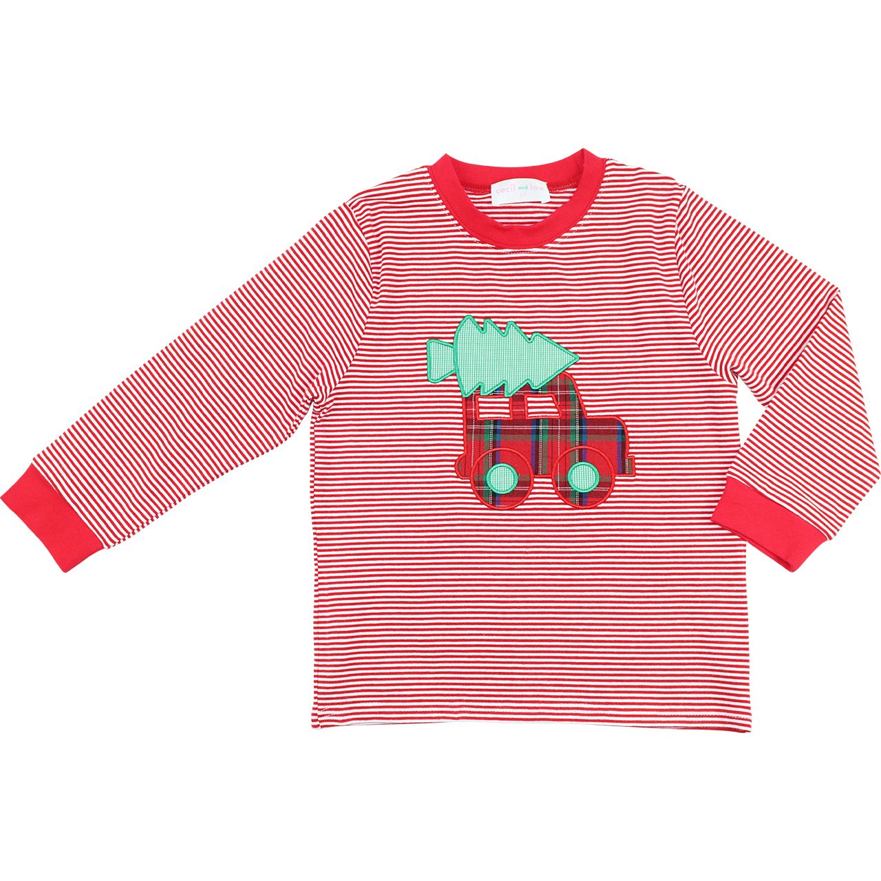 Red and white striped long-sleeve shirt with a Christmas tree and reindeer design on a white background