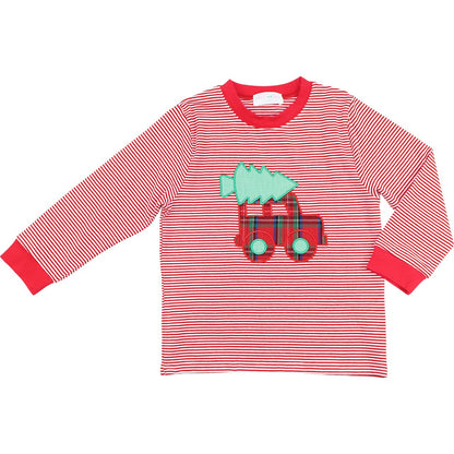 Red and white striped long-sleeve shirt with a Christmas tree and reindeer design on a white background
