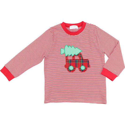 Red and white striped long-sleeve shirt with a Christmas tree and reindeer design on a white background