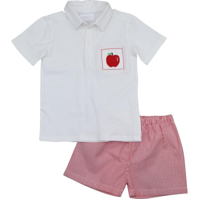 Red Striped Smocked Apple Polo Short Set