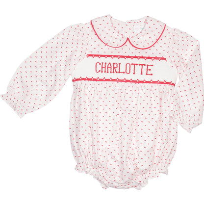 Red Swiss Dot Custom Smocked Bubble