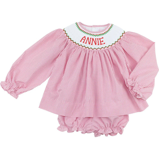 Red Windowpane Custom Smocked Diaper Set