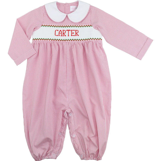 Red Windowpane Custom Smocked Long Romper